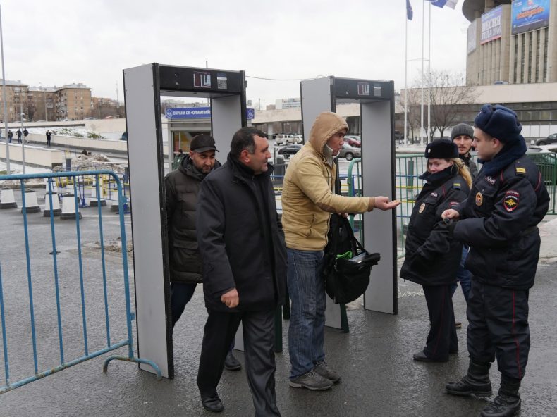 Police, militia and security forces are prominent on the streets surrounding the Cathedral Mosque in Moscow. Bags are checked and all visitors searched before entering the mosque. Image by Iris Oppelaar.