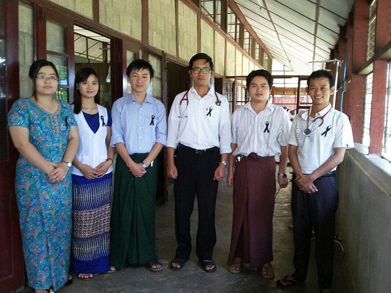 Medical doctors who currently work at the Hsipaw Hospital in Northern Shan State, Myanmar are pictured. They are wearing black ribbons in solidarity with  the Black Ribbon Movement, also known as “BRM 2015.”