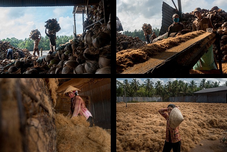 TOP: Factory workers carry the husks of coconuts to the machine (L) and others fill sacks with finely ground husks to be used as mulch (R). BOTTOM: Workers gather longer fibers to take outside to dry in the sun (L) and a smiles as she walks by a drying coconut husks (R). Photos by Luc Forsyth.