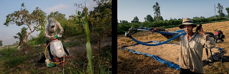 A farmer mixes agrochemicals in a spray pack before applying the mixture to his fields (R) and another poses with his sprayer (L). Photos by Luc Forsyth,