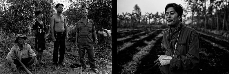 Three generations of rice farmers take a break (R) and a portrait of Manh, a farmer in Can Tho (L). Photos by Gareth Bright.