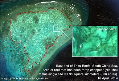 Thitu EAST End reef with polygon 2M 16 April 2014 showing cutting area 1.36 skm