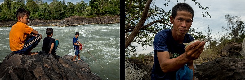 A fisherman works on the Mekong in Laos, watched by his sons. Photo by Luc Forsyth.