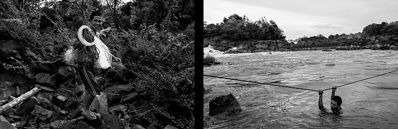 A Laotian fisherman on the Mekong works diligently in the low season. Photo by Gareth Bright.