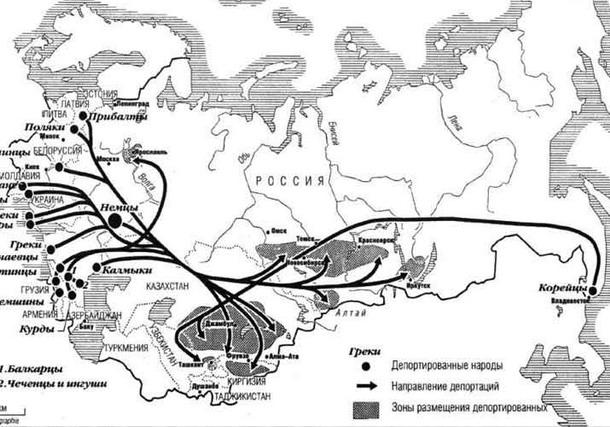 A map showing the forced relocation of “unwanted” ethnic minorities in the Soviet Union throughout the late 1930s - early 1940s. Koreans were the first entire nationality to get deported in 1937 from the Soviet Far East to Central Asia. Courtesy of Victoria Kim.