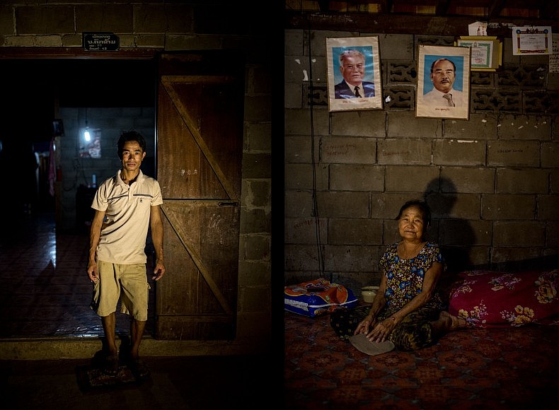 Left: Si Tach Ponmachak, 35, stands in front of his house, lit by a single LED bulb.  Right: Sao Pou, 70, sits under the portraits of two of Laos' most revered former politicians.  Photos by Luc Forsyth.