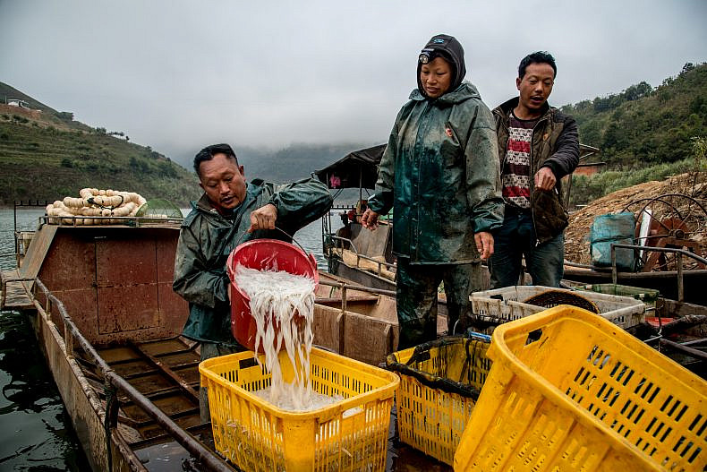 Fishermen sort their morning's catch on a tributary of the Lancang (Mekong) river in Yunnan, China. Photo by Luc Forsyth.