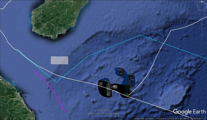 The restricted area per the Sanya Maritime Administration's released coordinates shown in light grey.