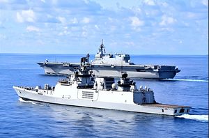 Japanese Flattop and Destroyer Conduct Joint Naval Drill With Indian Stealth Frigate