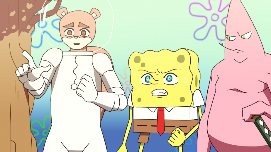 Sandy Cheeks, SpongeBob, and Patrick as animated by Narmak. 